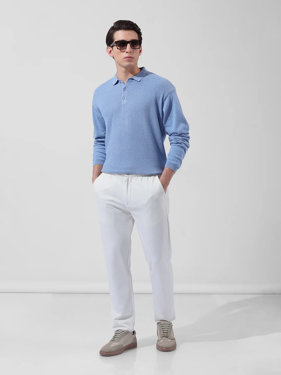 Men's Blue Oversized Fit Striped Flat Knit Polo T-Shirt - Image 8