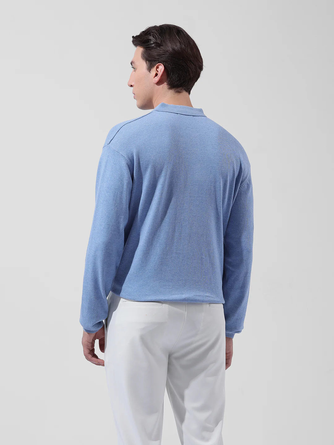 Men's Blue Oversized Fit Striped Flat Knit Polo T-Shirt - Image 9
