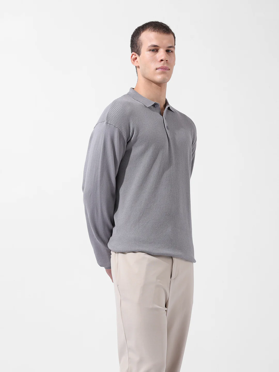 Men's Grey Oversized Fit Striped Flat Knit Polo T-Shirt - Image 3