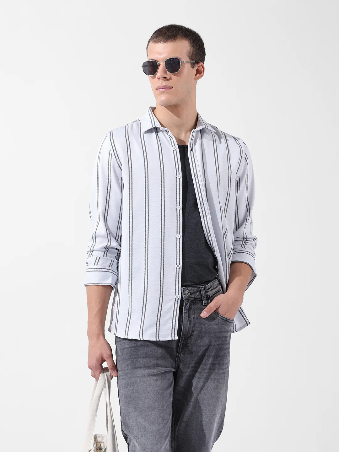 Men's White Regular Fit Striped Casual Shirt