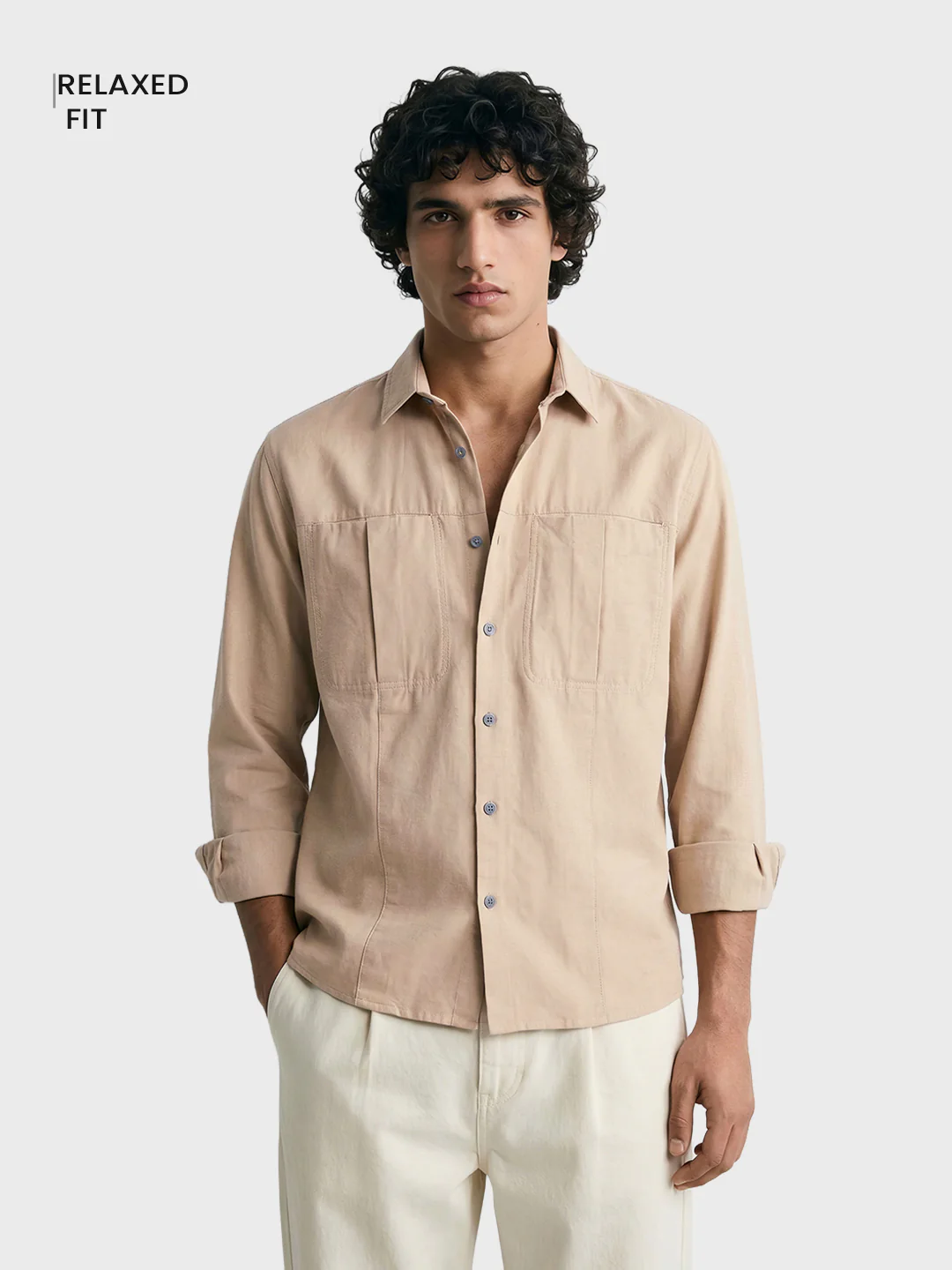 Men's Full Sleeves Relaxed Fit Beige Shirt - Image 2