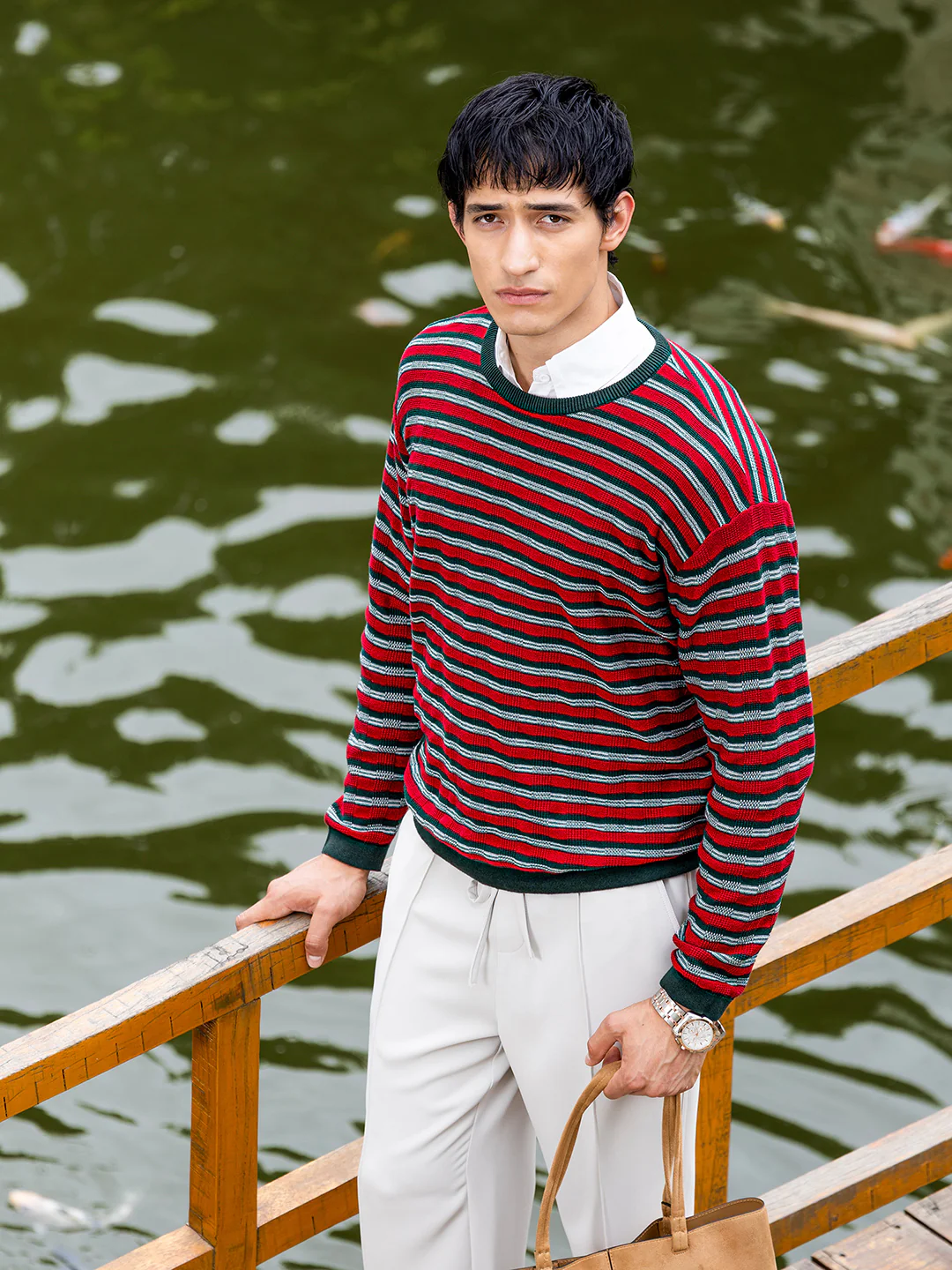 Men's Green Oversized Fit Striped Flat Knit T-Shirt