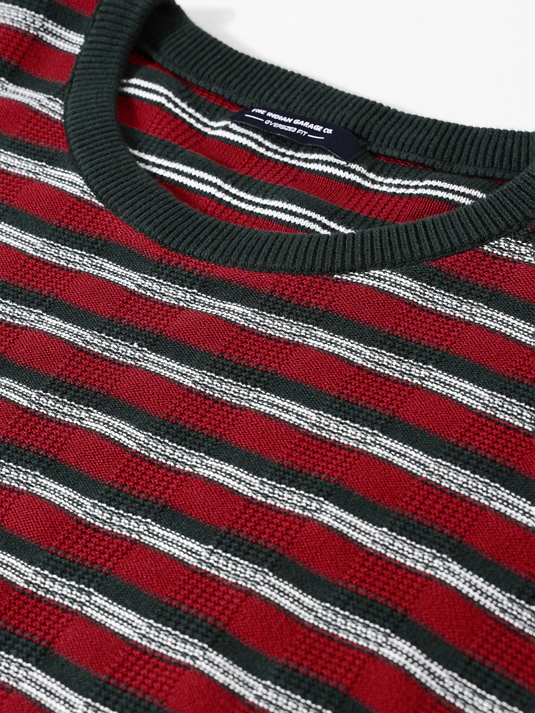 Men's Green Oversized Fit Striped Flat Knit T-Shirt - Image 3