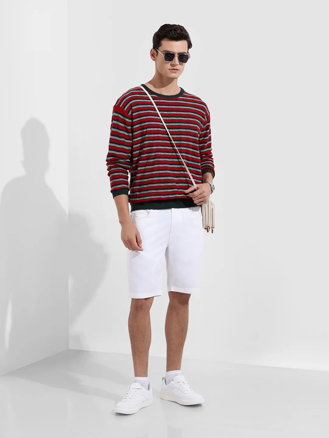 Men's Green Oversized Fit Striped Flat Knit T-Shirt - Image 4