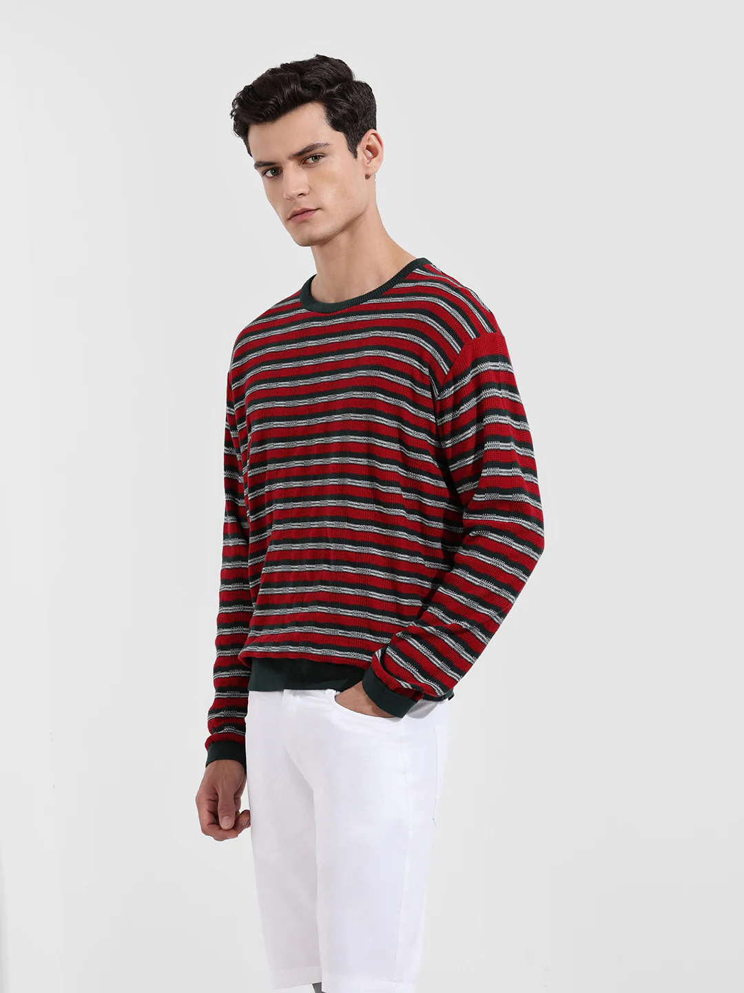 Men's Green Oversized Fit Striped Flat Knit T-Shirt - Image 5