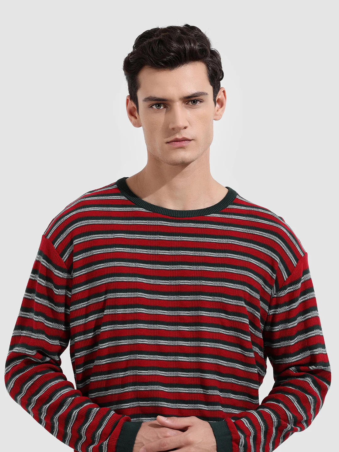 Men's Green Oversized Fit Striped Flat Knit T-Shirt - Image 6