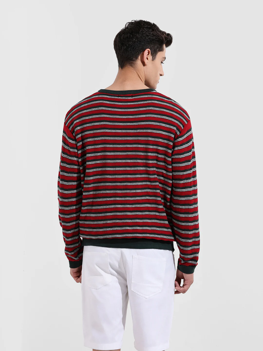 Men's Green Oversized Fit Striped Flat Knit T-Shirt - Image 7