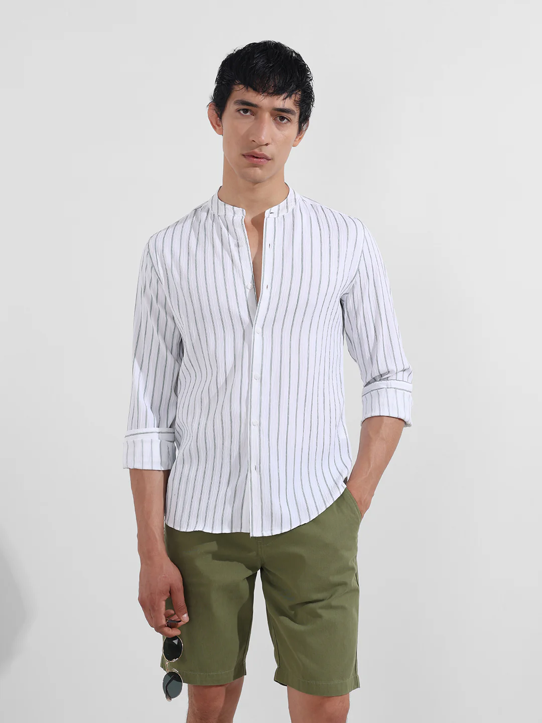 Men's Green Regular Fit Striped Casual Shirt - Image 2