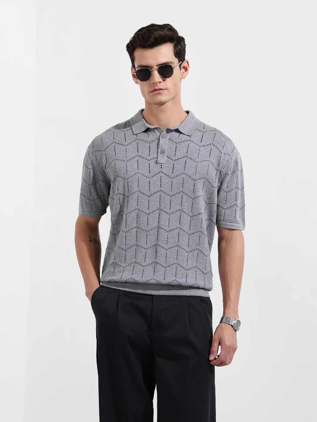 Men's Grey Melange Oversized Fit Textured Flat Knit Polo T-Shirt