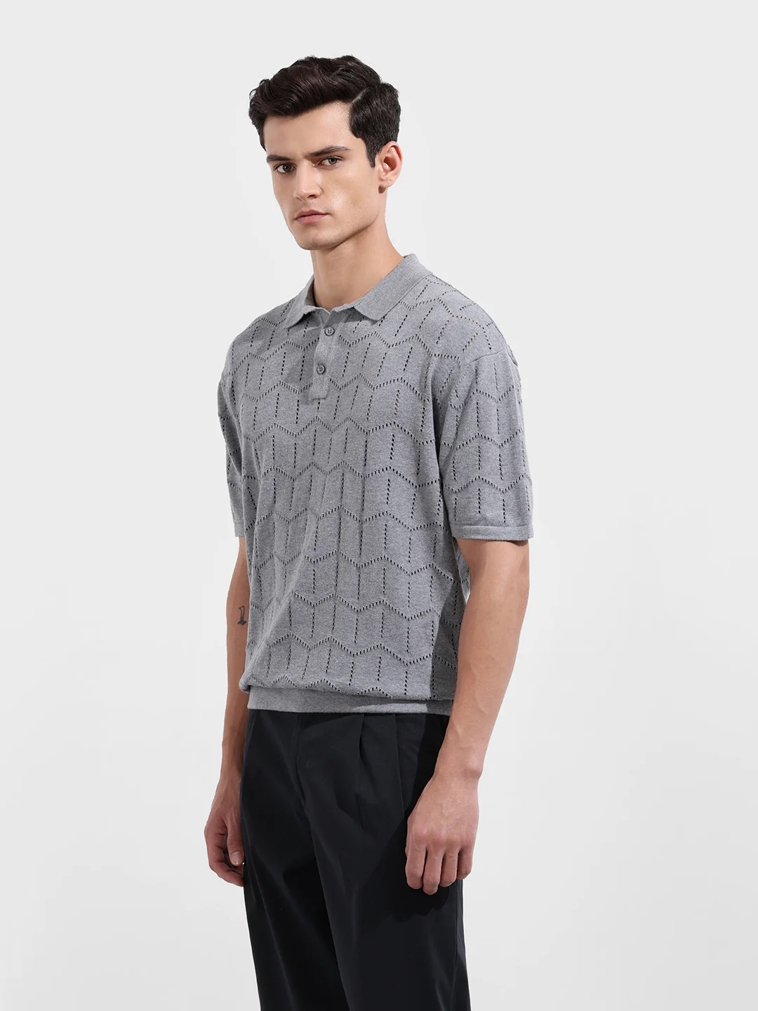 Men's Grey Melange Oversized Fit Textured Flat Knit Polo T-Shirt - Image 3
