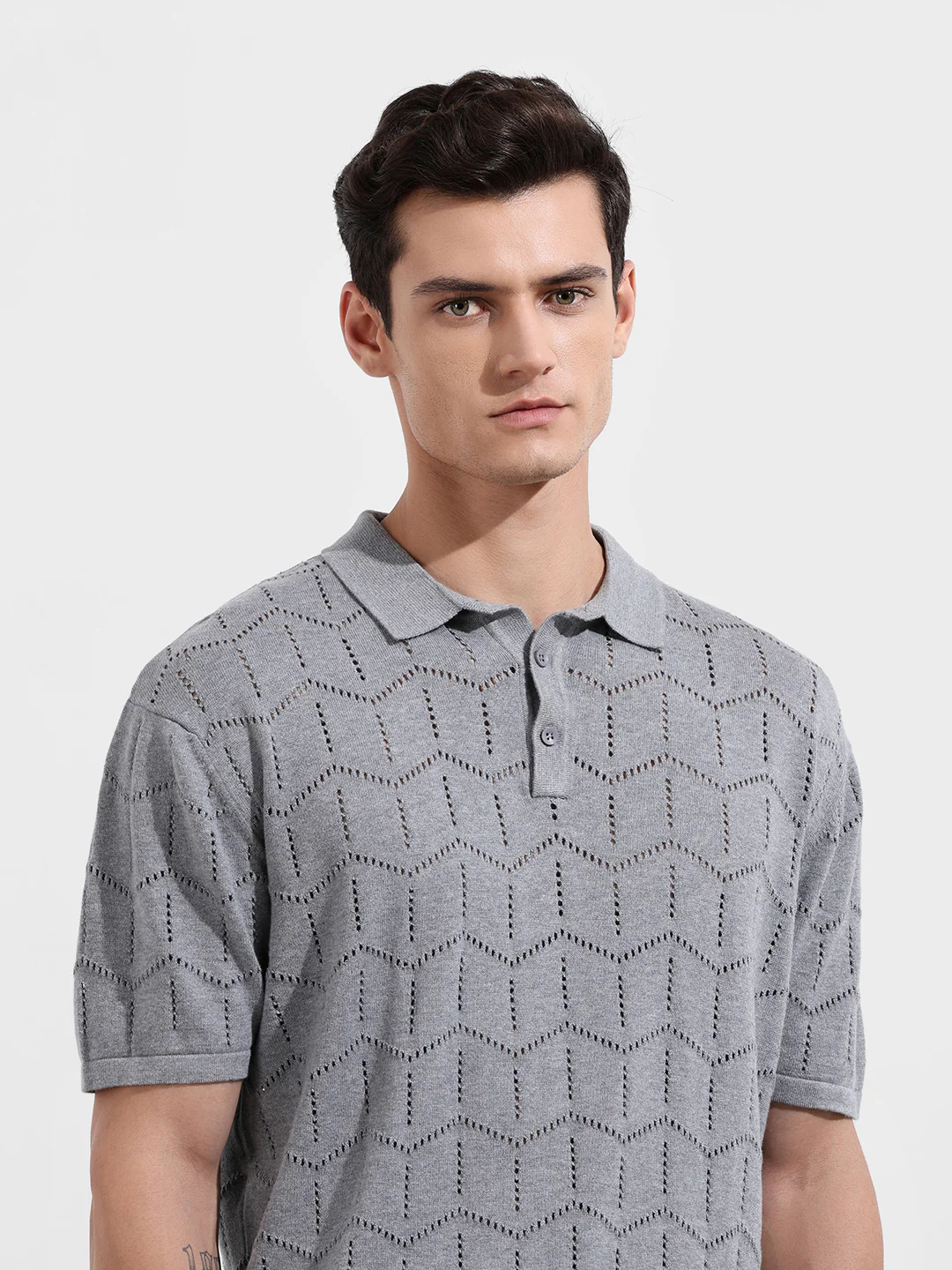 Men's Grey Melange Oversized Fit Textured Flat Knit Polo T-Shirt - Image 4