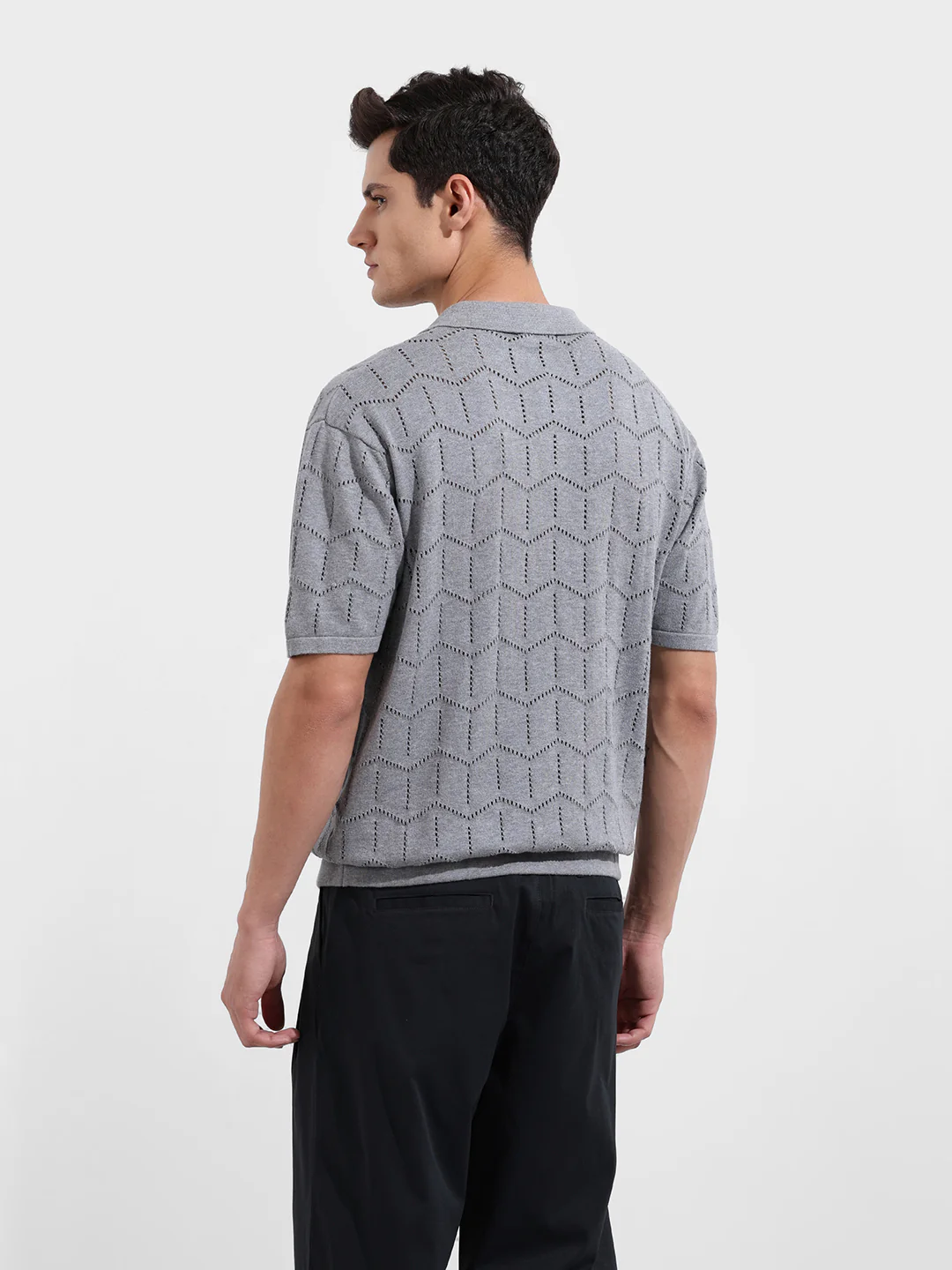 Men's Grey Melange Oversized Fit Textured Flat Knit Polo T-Shirt - Image 5
