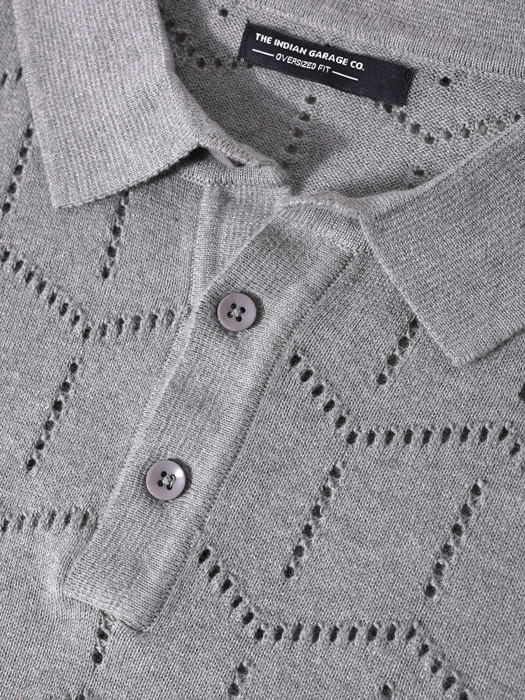Men's Grey Melange Oversized Fit Textured Flat Knit Polo T-Shirt - Image 6
