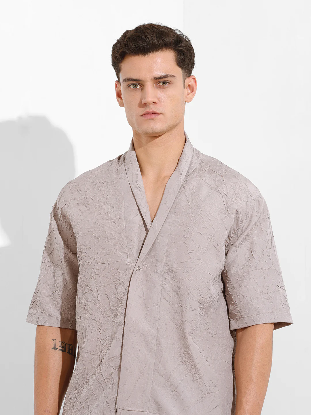 Men's Grey Relaxed Fit Textured Party Wear Shirt - Image 6