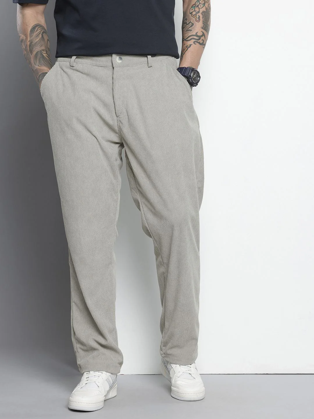 Men's Light Grey Regular Fit Textured Casual Trouser