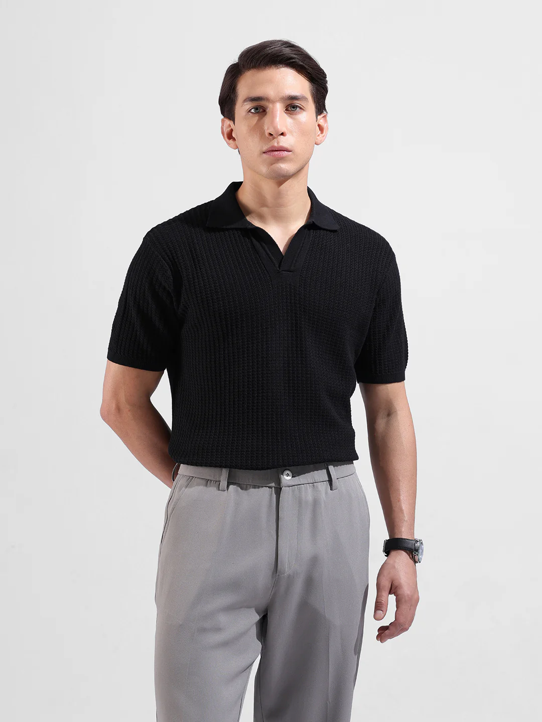Men's Black Slim Fit Solid Flat Knit Polo T-Shirt - Image 2