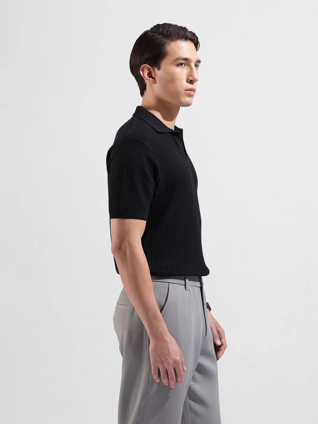 Men's Black Slim Fit Solid Flat Knit Polo T-Shirt - Image 5