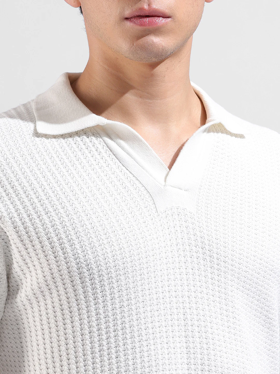 Men's White Slim Fit Solid Flat Knit Polo T-Shirt - Image 3