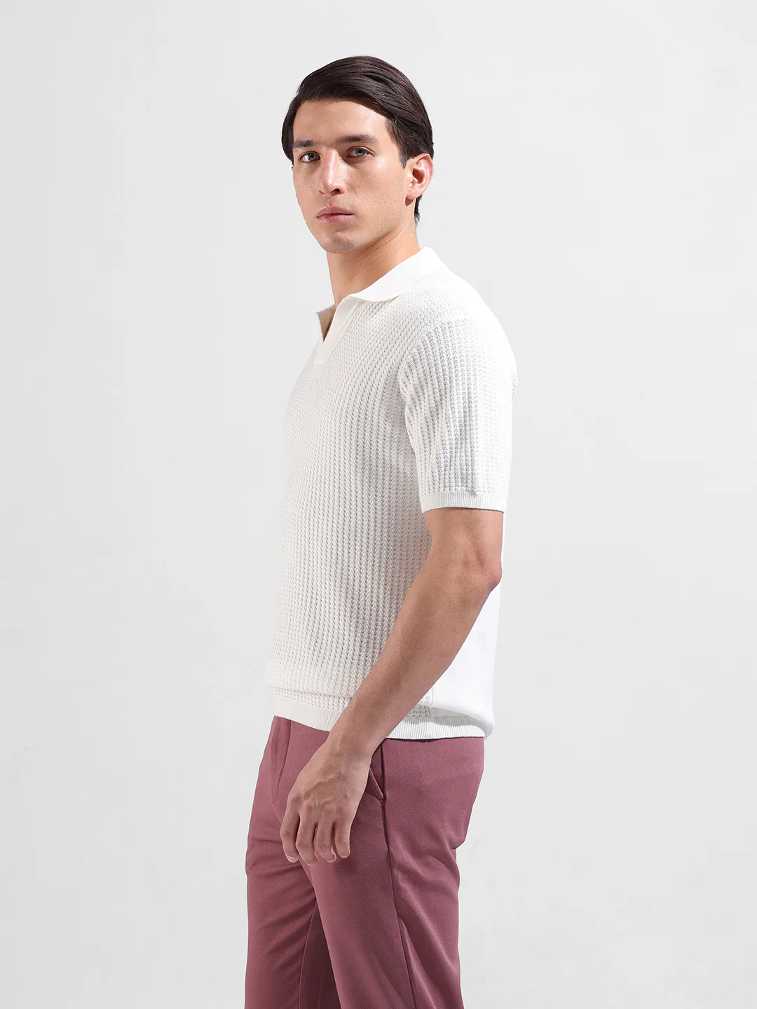 Men's White Slim Fit Solid Flat Knit Polo T-Shirt - Image 4