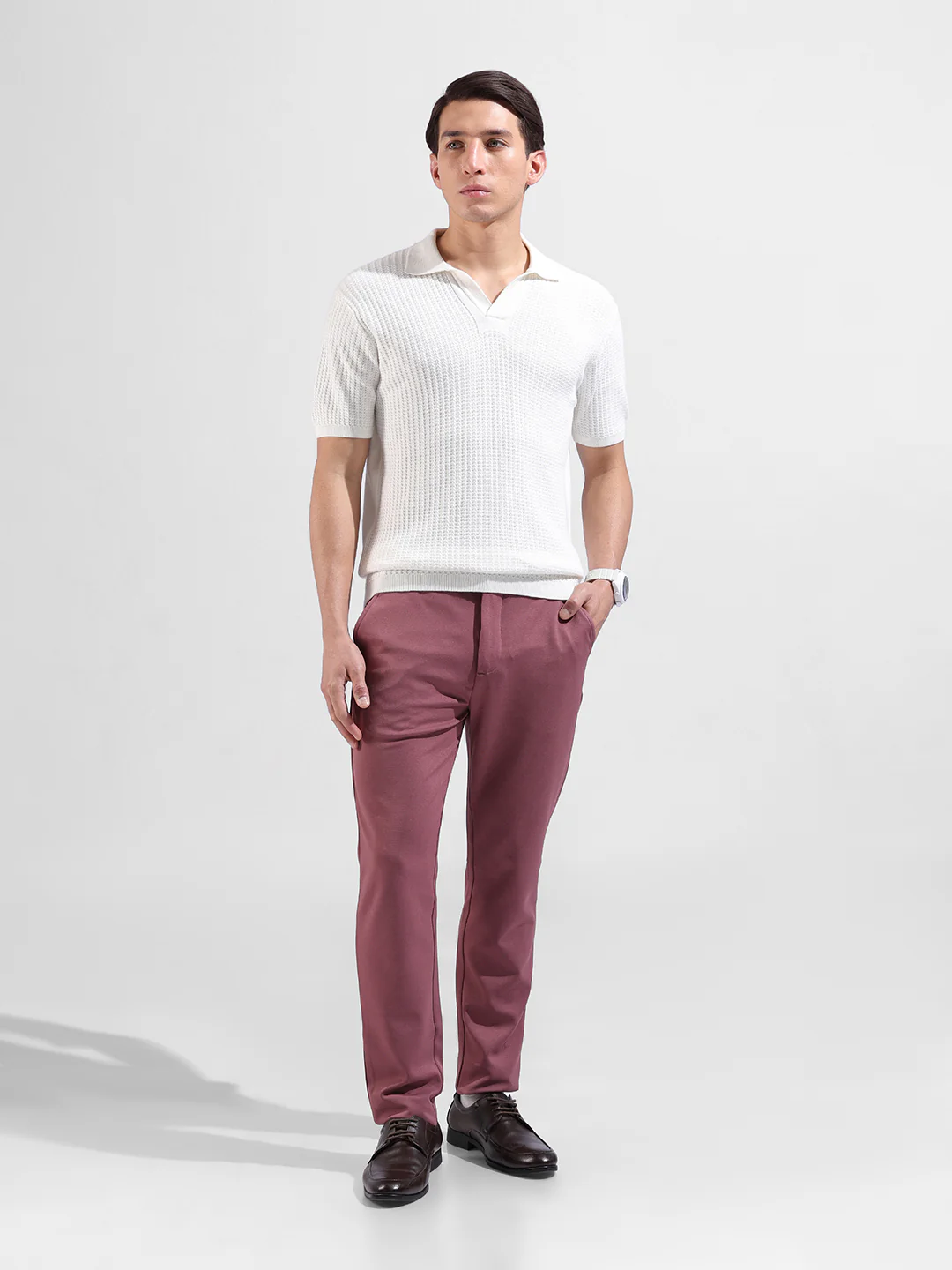 Men's White Slim Fit Solid Flat Knit Polo T-Shirt - Image 5
