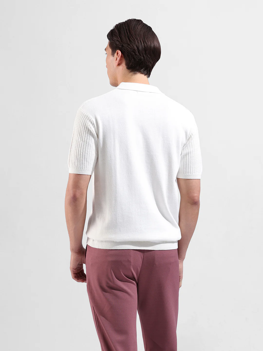 Men's White Slim Fit Solid Flat Knit Polo T-Shirt - Image 6