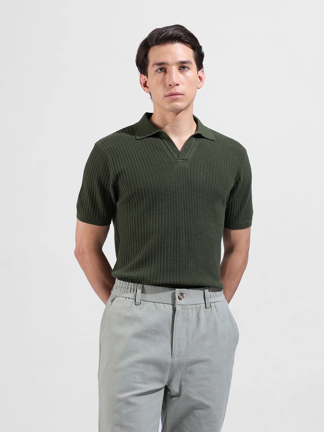 Men's Green Slim Fit Striped Flat Knit Polo Polo T-Shirt - Image 2