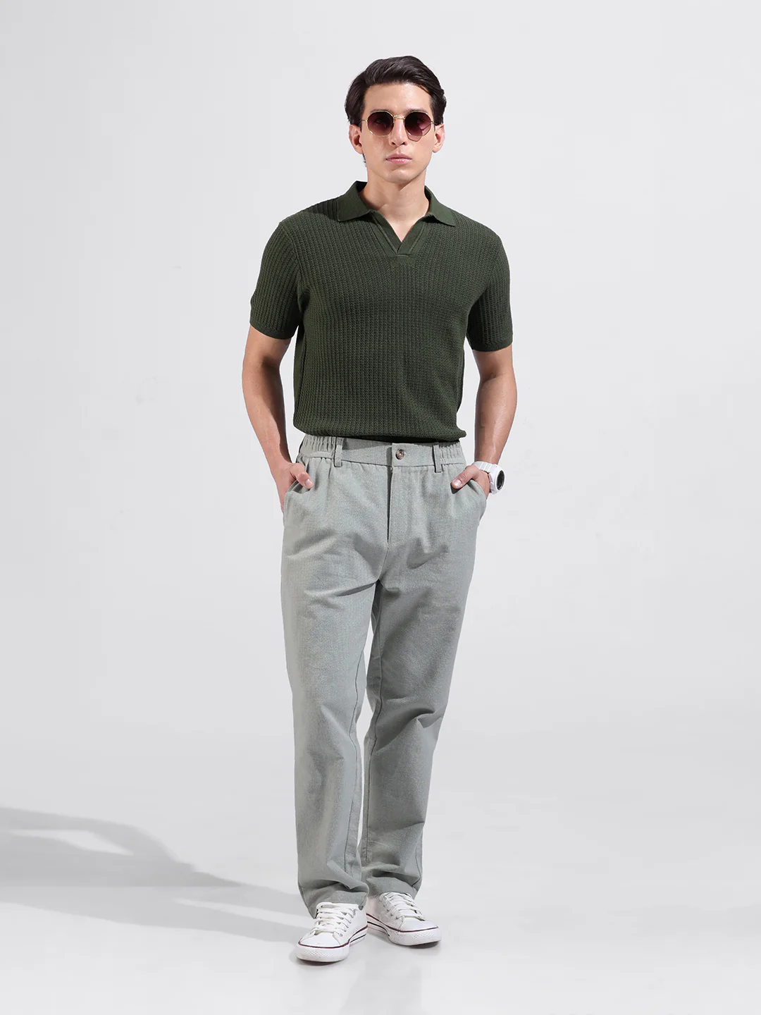 Men's Green Slim Fit Striped Flat Knit Polo Polo T-Shirt - Image 6