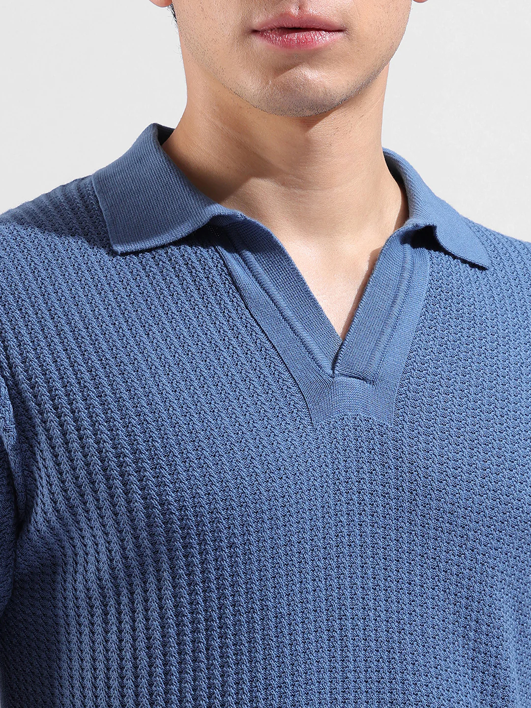 Men's Blue Slim Fit Solid Flat Knit Polo T-Shirt - Image 3