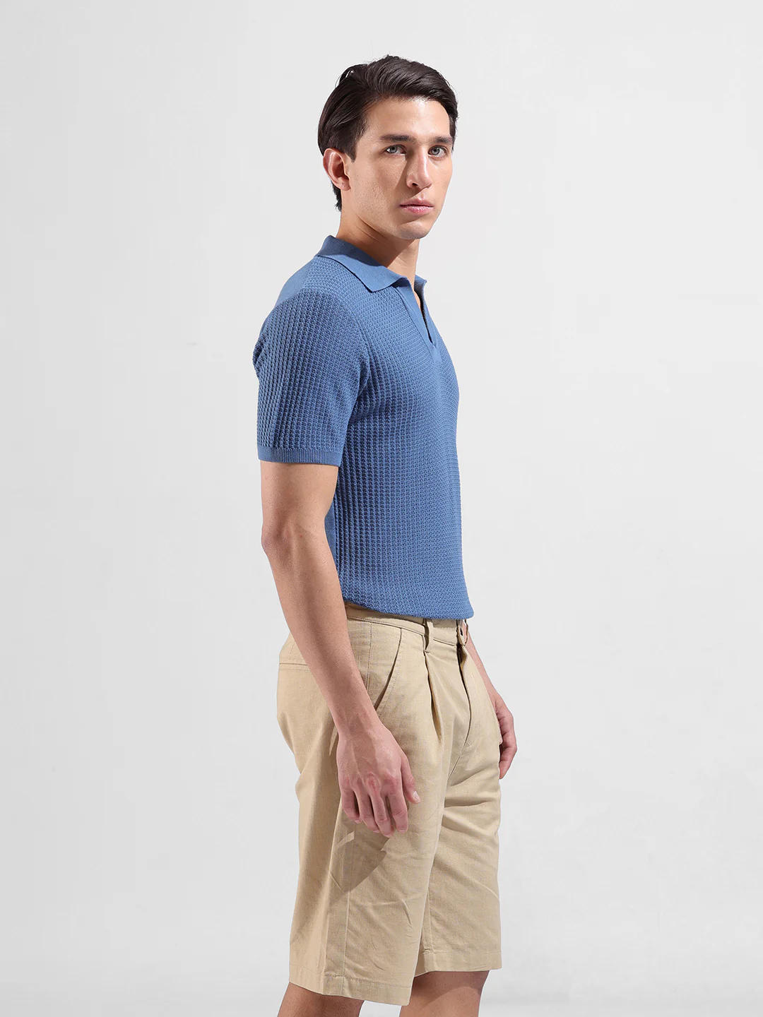 Men's Blue Slim Fit Solid Flat Knit Polo T-Shirt - Image 4