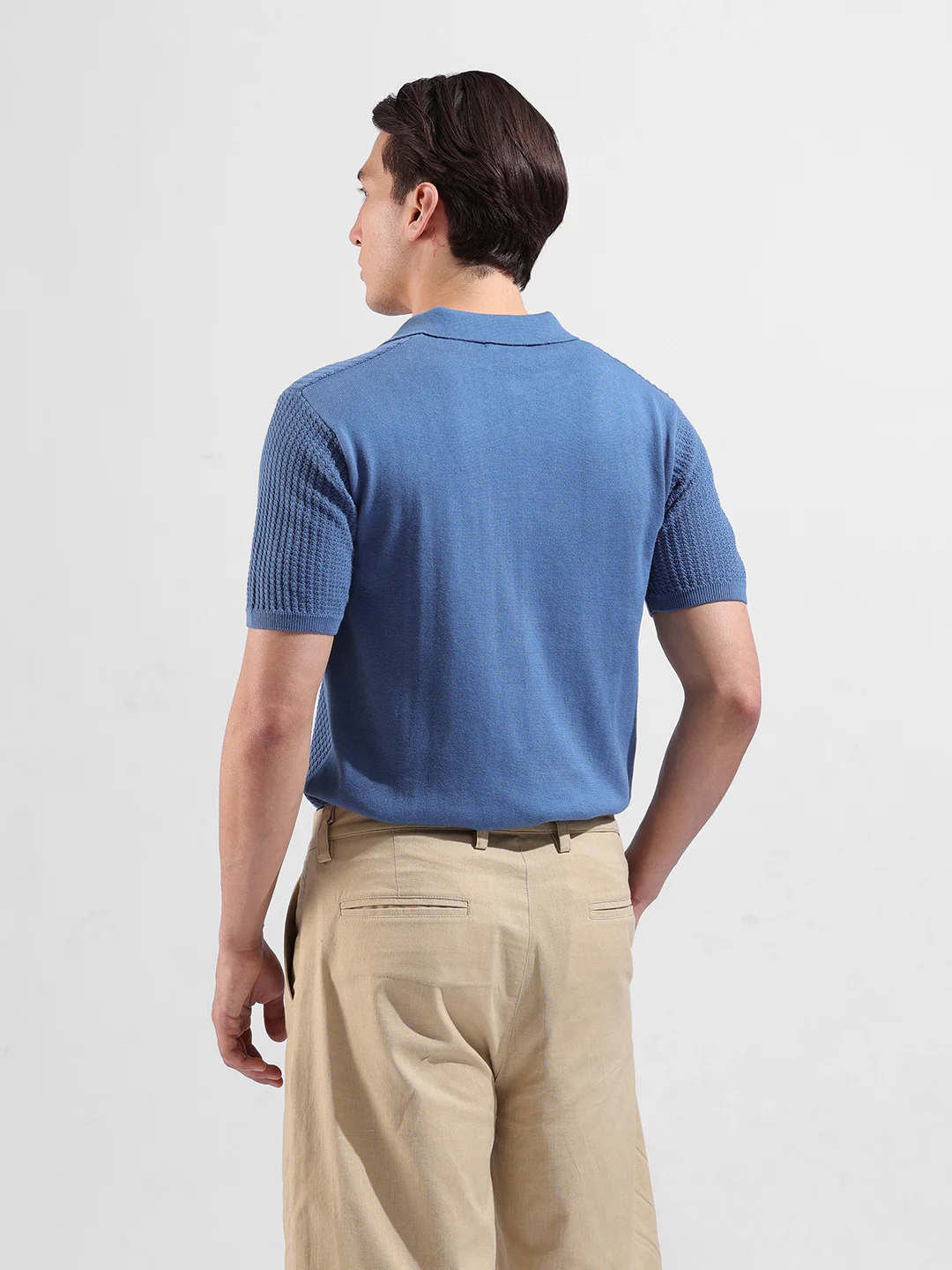 Men's Blue Slim Fit Solid Flat Knit Polo T-Shirt - Image 6