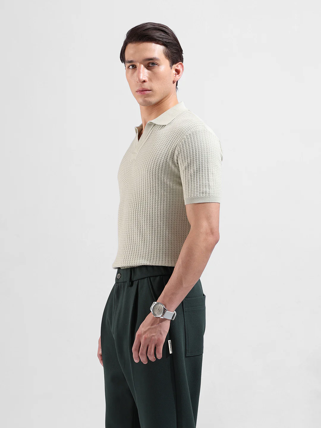 Men's Green Slim Fit Solid Flat Knit Polo Polo T-Shirt - Image 4