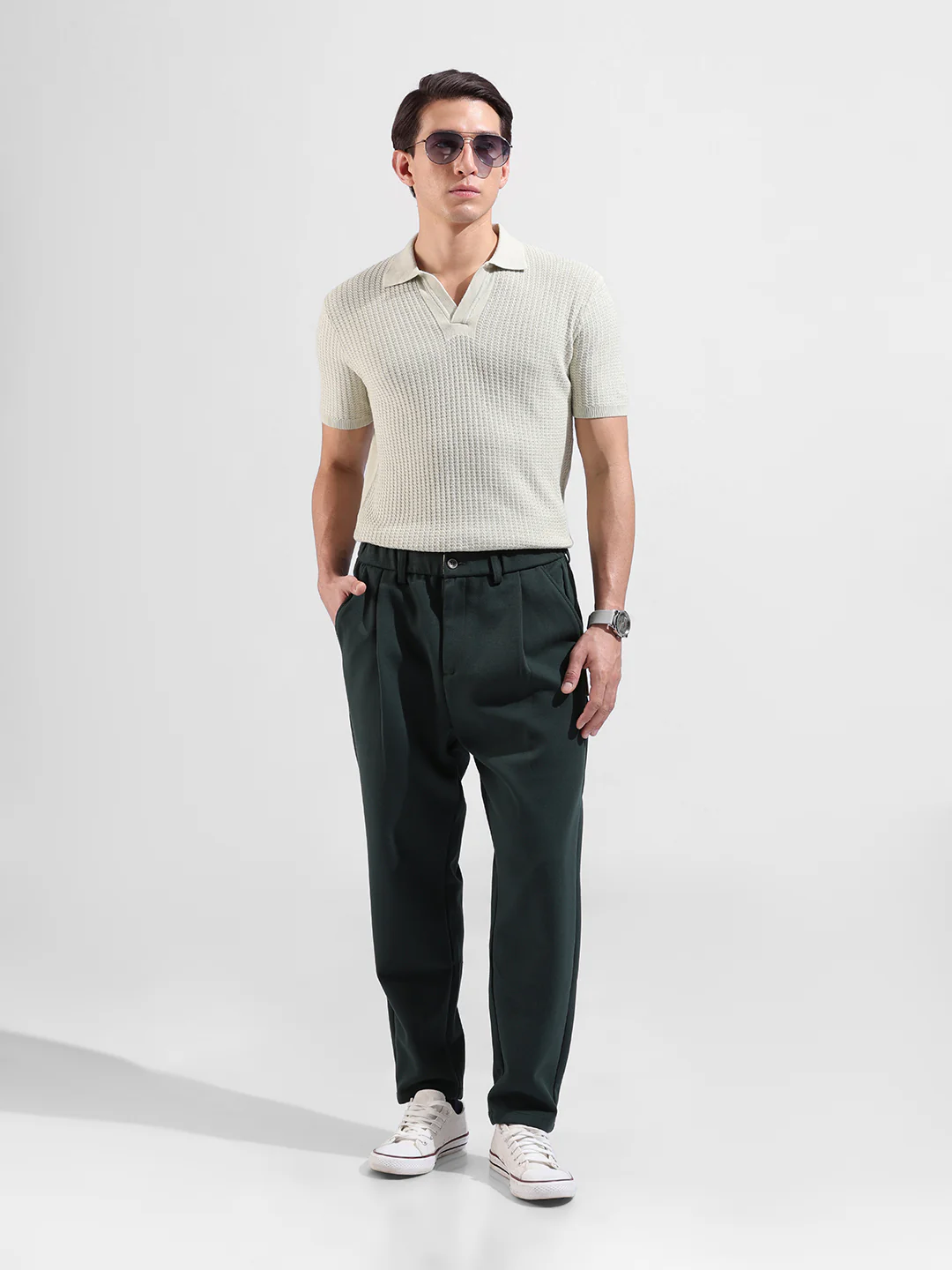 Men's Green Slim Fit Solid Flat Knit Polo Polo T-Shirt - Image 6
