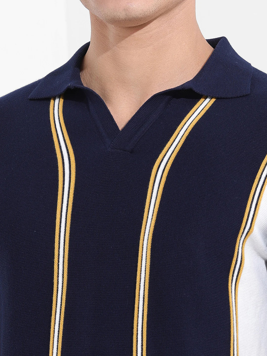 Men's Navy Blue Slim Fit Striped Flat Knit Polo Polo T-Shirt - Image 3