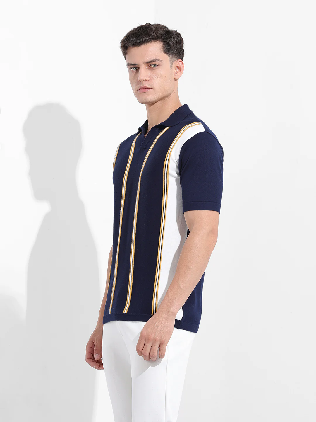 Men's Navy Blue Slim Fit Striped Flat Knit Polo Polo T-Shirt - Image 4