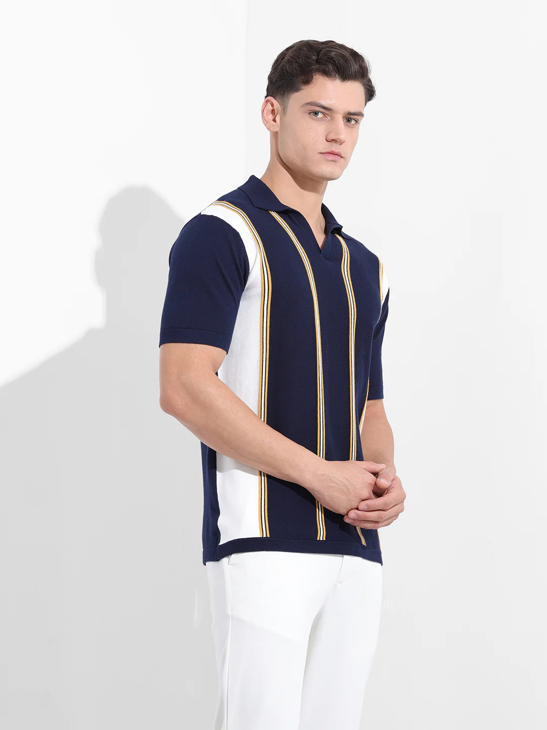 Men's Navy Blue Slim Fit Striped Flat Knit Polo Polo T-Shirt - Image 5
