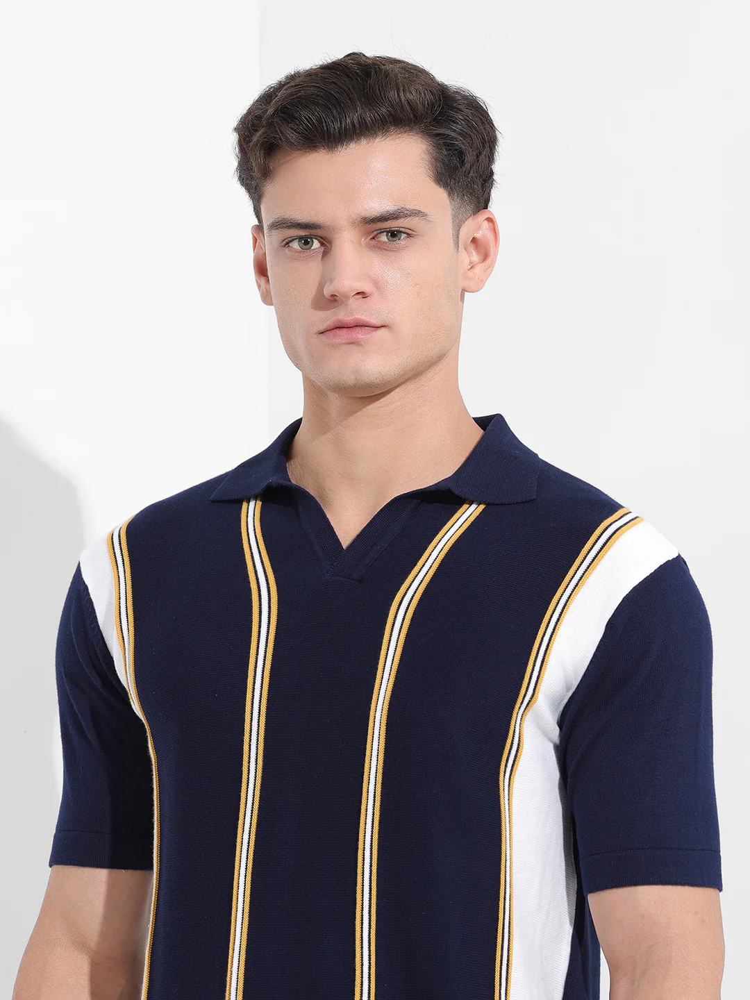 Men's Navy Blue Slim Fit Striped Flat Knit Polo Polo T-Shirt - Image 7