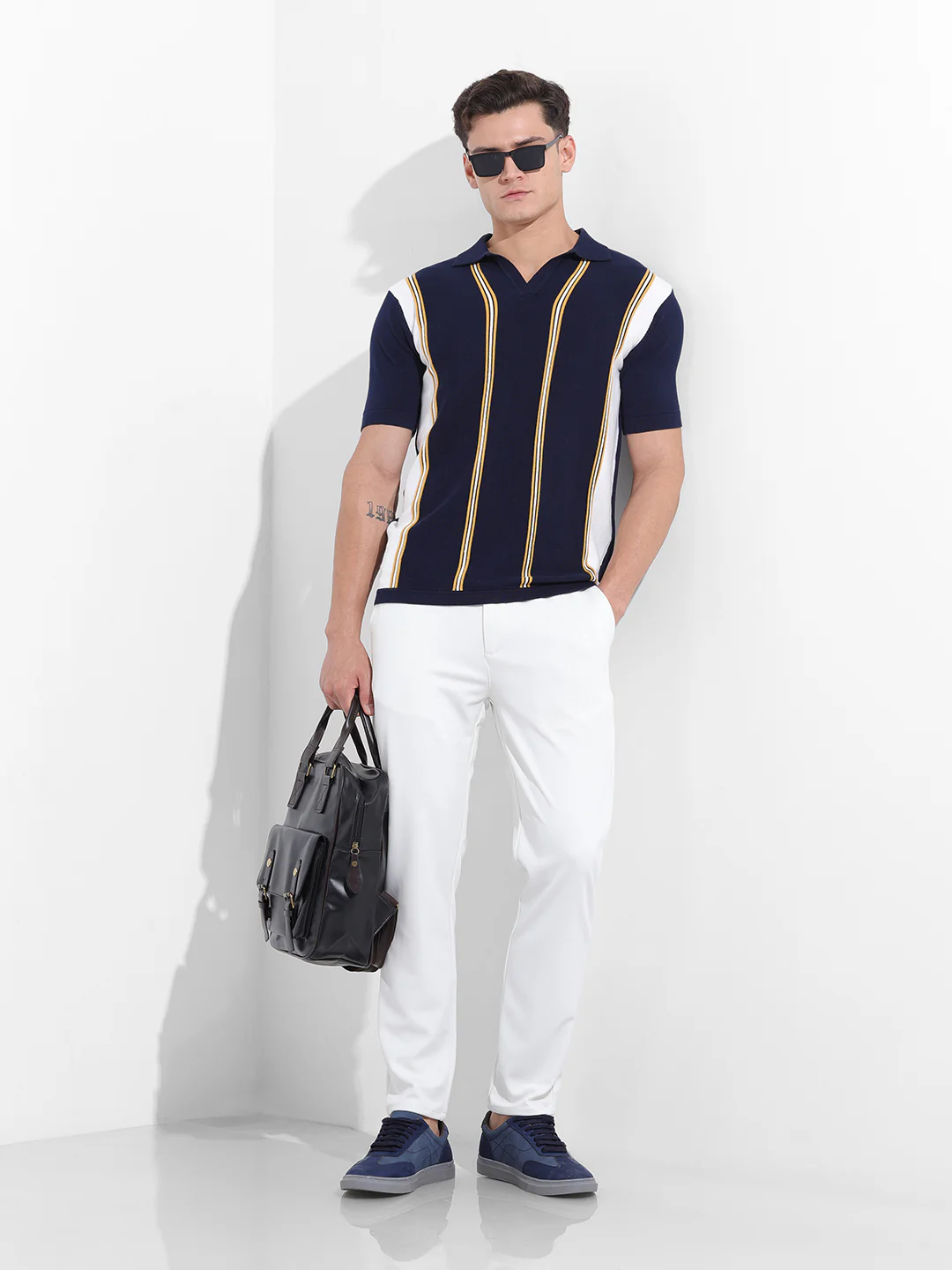 Men's Navy Blue Slim Fit Striped Flat Knit Polo Polo T-Shirt - Image 9