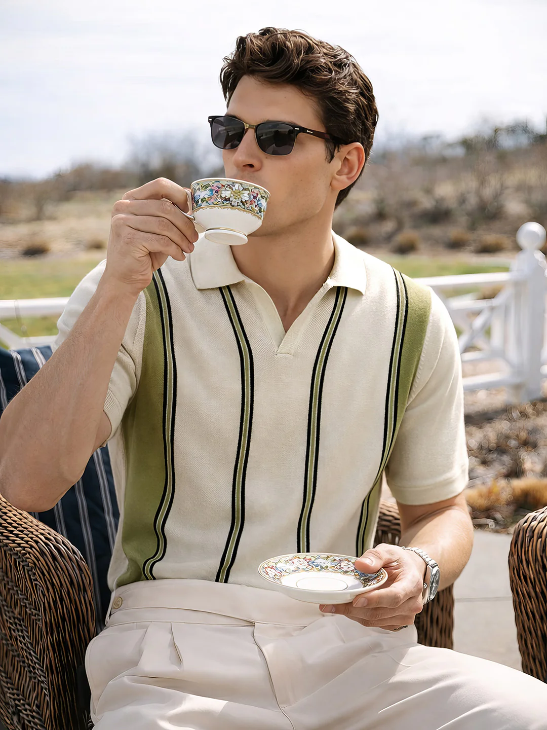 Men's Cream Slim Fit Striped Flat Knit Polo Polo T-Shirt