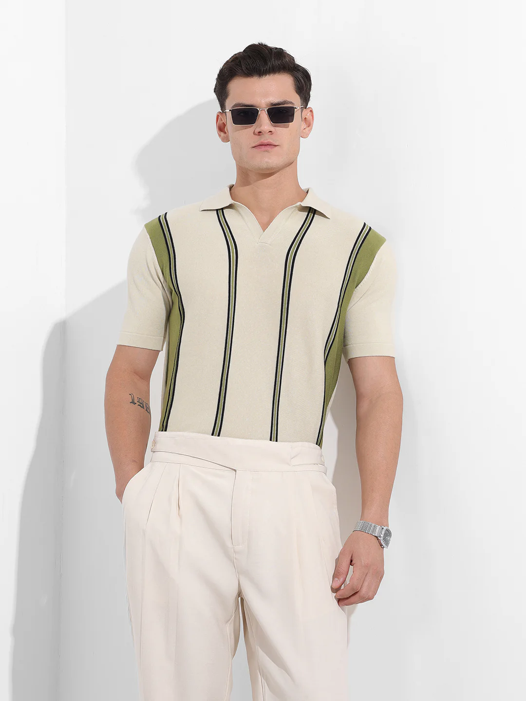 Men's Cream Slim Fit Striped Flat Knit Polo Polo T-Shirt - Image 2