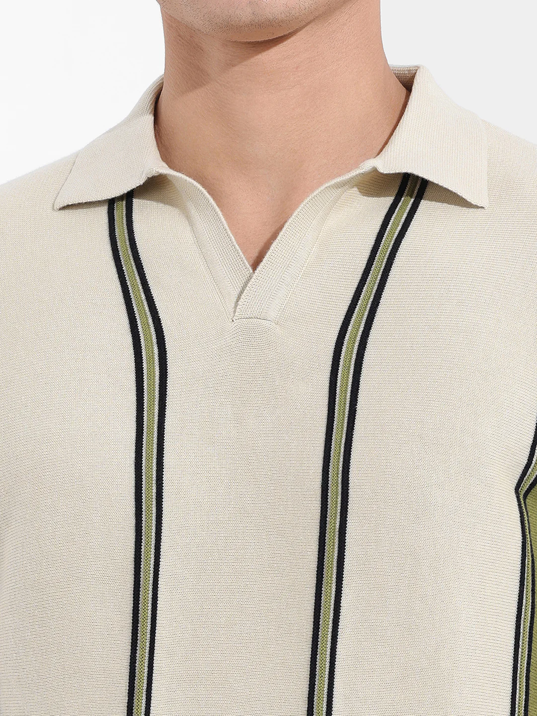 Men's Cream Slim Fit Striped Flat Knit Polo Polo T-Shirt - Image 3