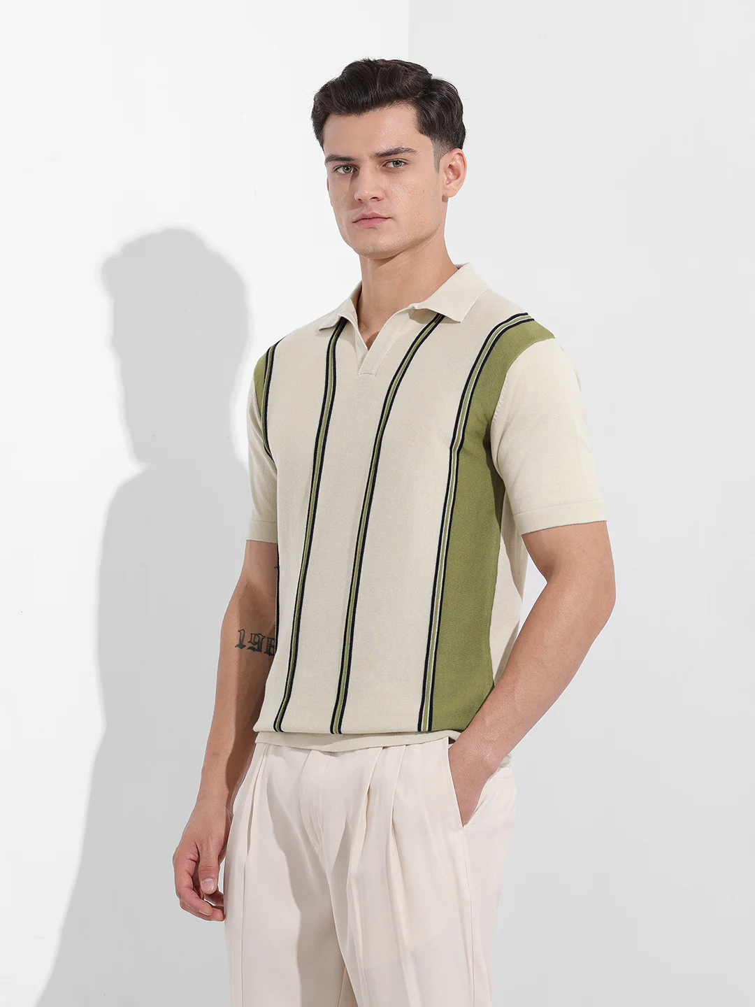 Men's Cream Slim Fit Striped Flat Knit Polo Polo T-Shirt - Image 4