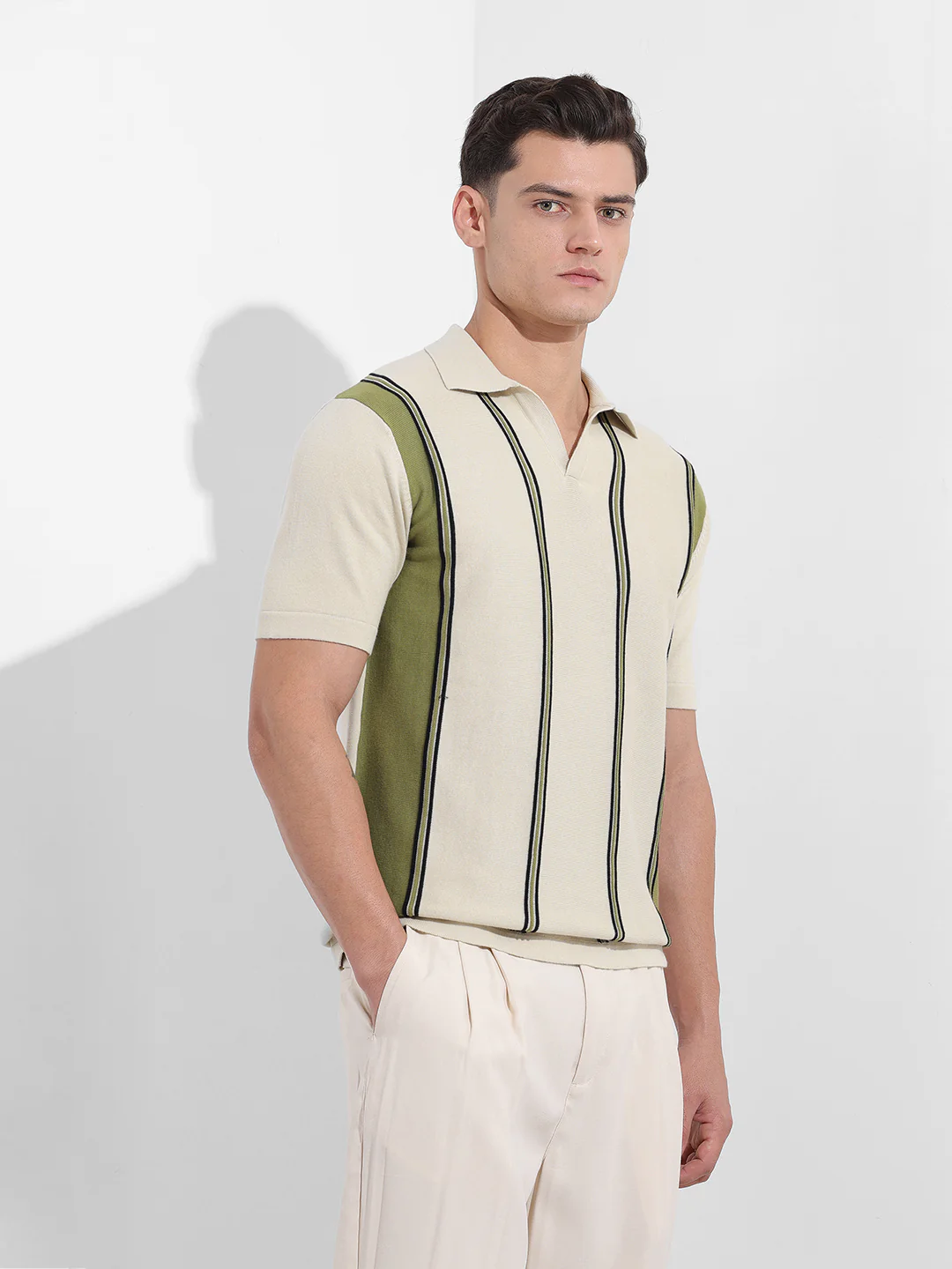 Men's Cream Slim Fit Striped Flat Knit Polo Polo T-Shirt - Image 5