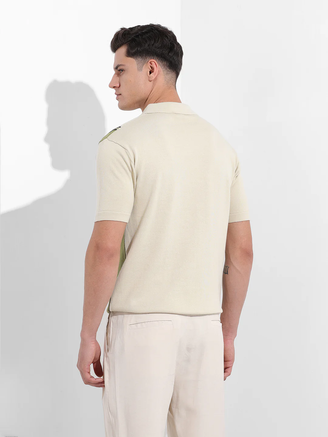 Men's Cream Slim Fit Striped Flat Knit Polo Polo T-Shirt - Image 6