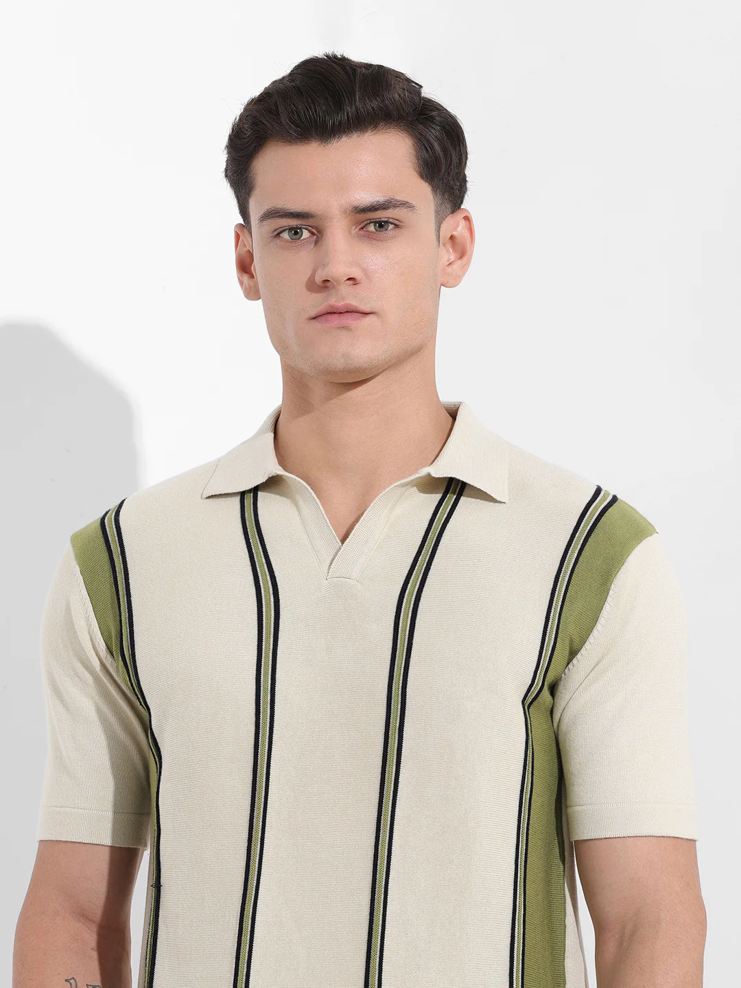 Men's Cream Slim Fit Striped Flat Knit Polo Polo T-Shirt - Image 7