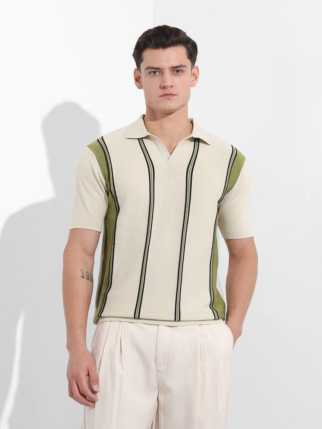 Men's Cream Slim Fit Striped Flat Knit Polo Polo T-Shirt - Image 8