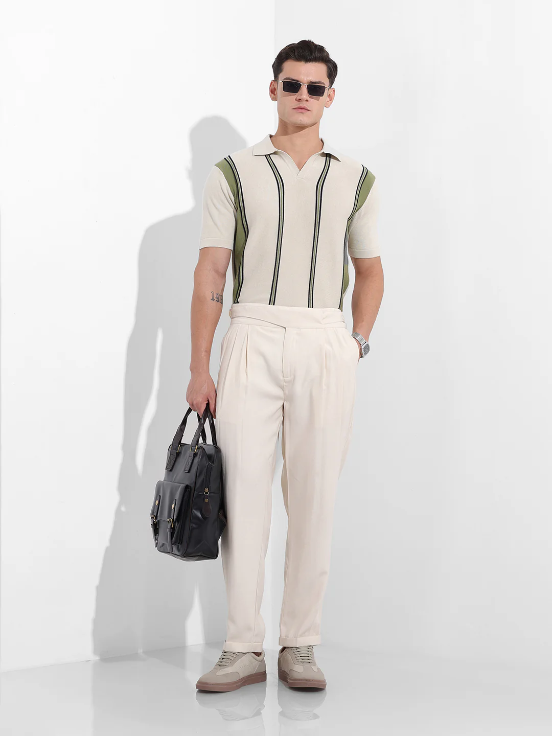 Men's Cream Slim Fit Striped Flat Knit Polo Polo T-Shirt - Image 9