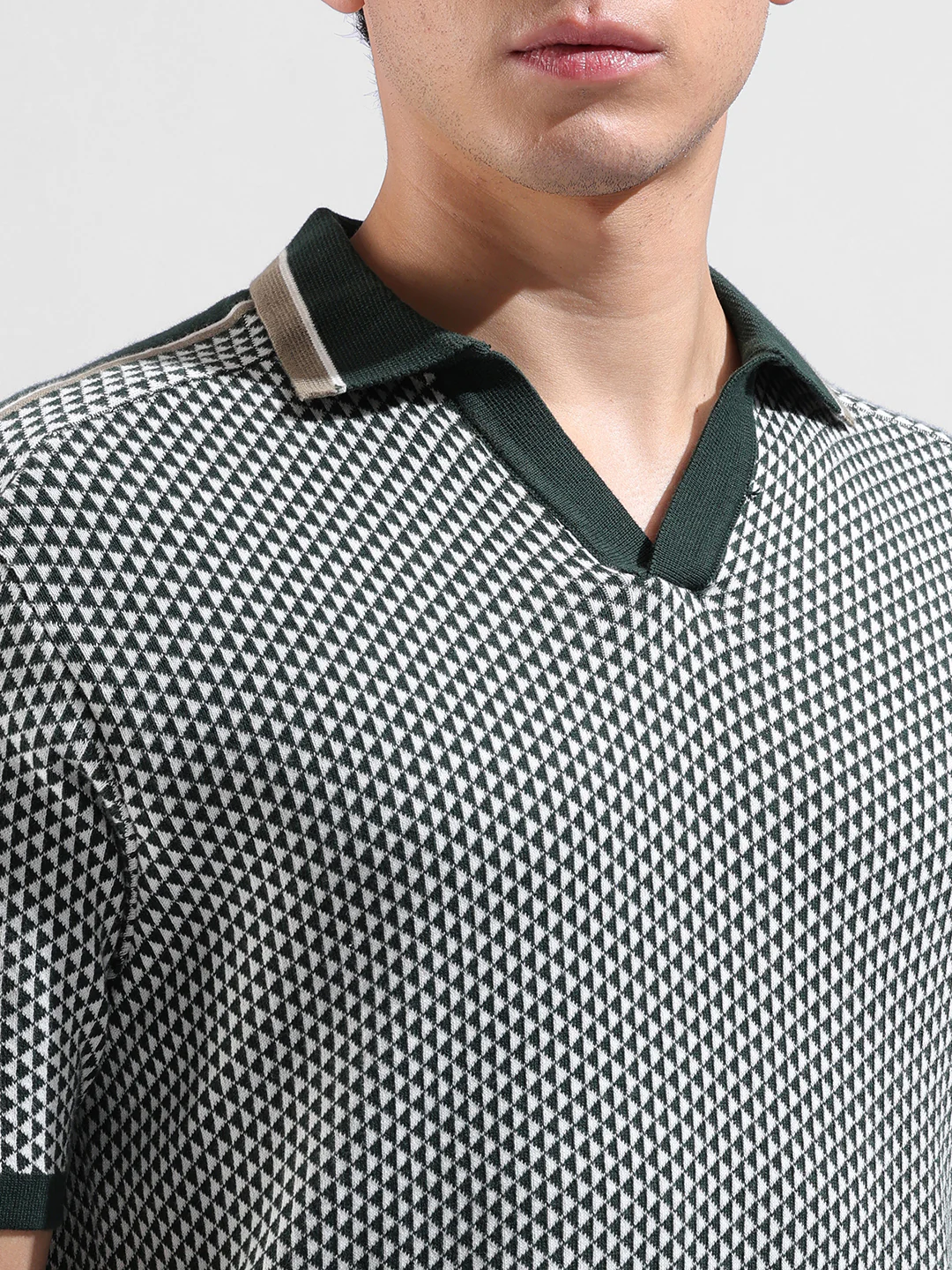 Men's Teal Slim Fit Striped Flat Knit Polo Polo T-Shirt - Image 3