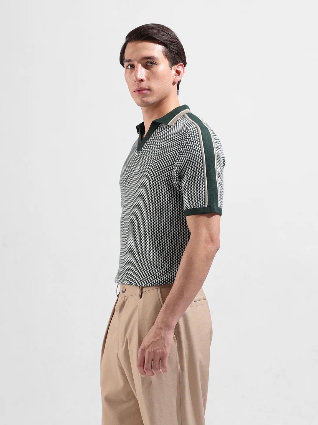 Men's Teal Slim Fit Striped Flat Knit Polo Polo T-Shirt - Image 5