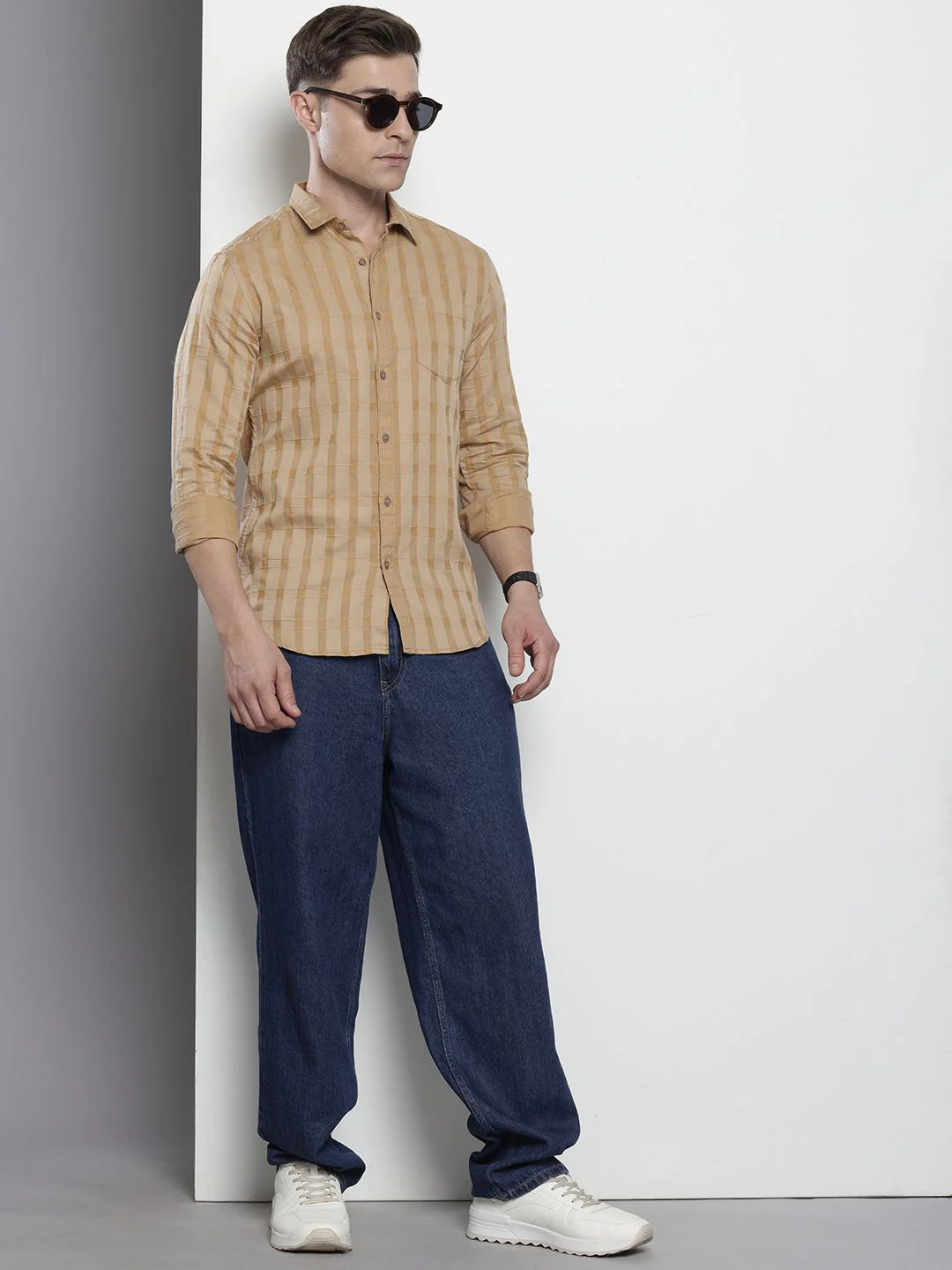 Men's Khaki Slim Fit Checkered Casual Shirt - Image 4