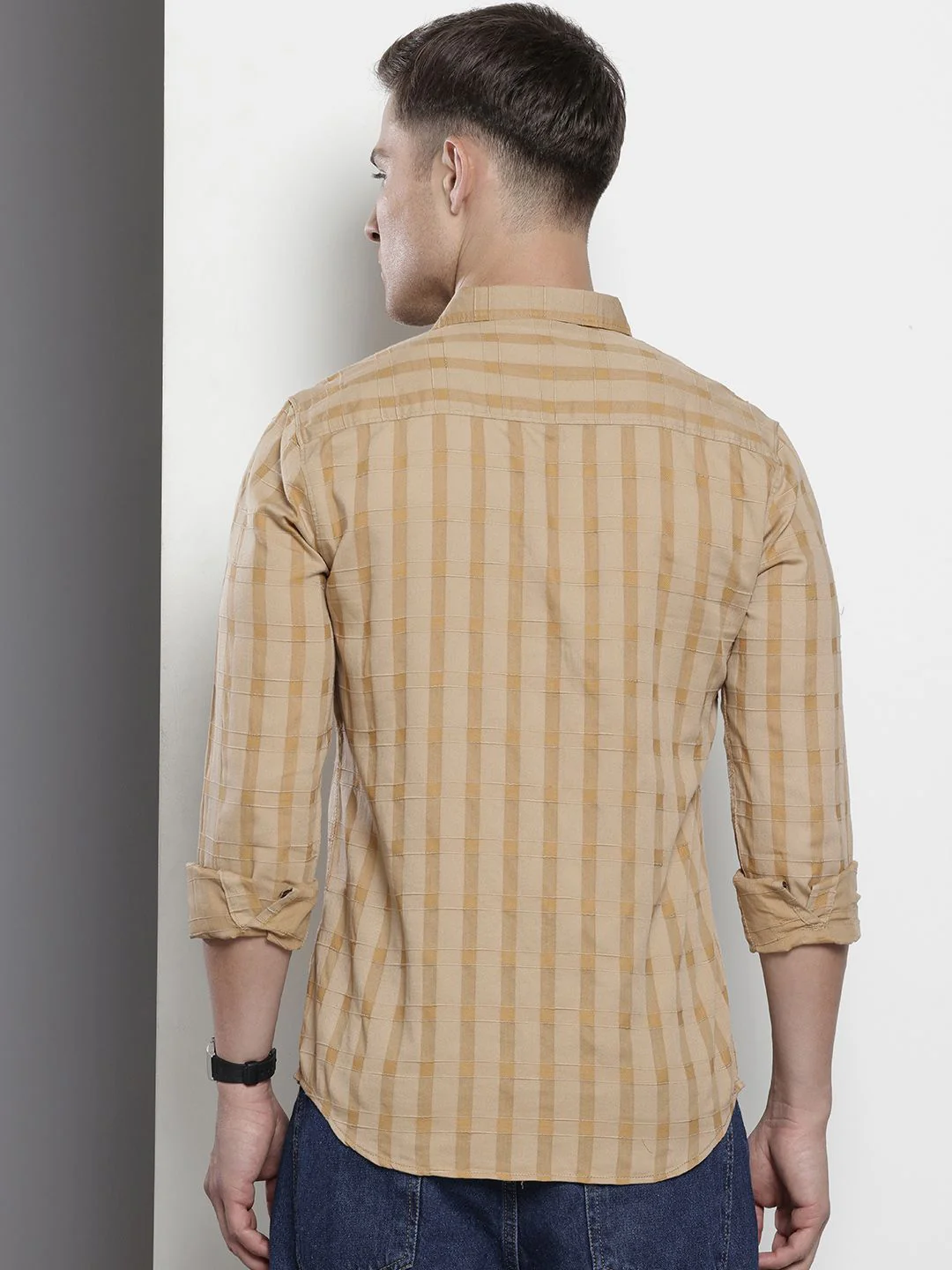 Men's Khaki Slim Fit Checkered Casual Shirt - Image 5